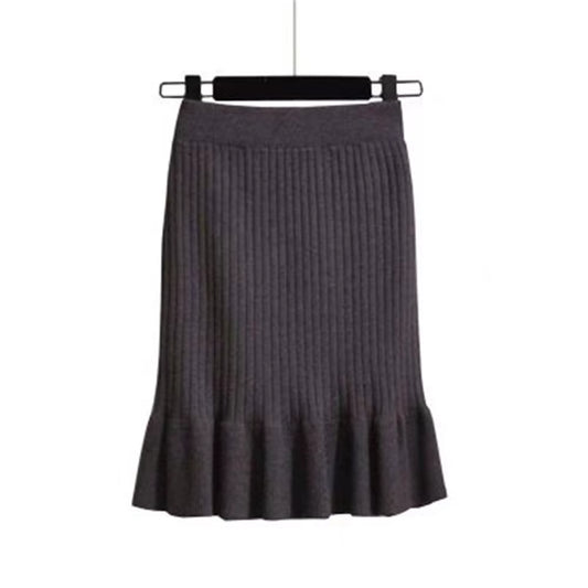 Women Skirt Knitted High Waist Pleated Lady Skirts Solid Elastic Mermaid Knitting Ribbed Autumn Winter Female Bottoms Two Types