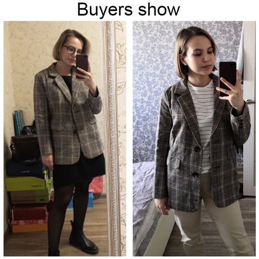 Vintage Single Breasted Office Ladies Plaid Blazer Long Sleeve Loose Plaid Coat Jacket Women Blazers Female 2022