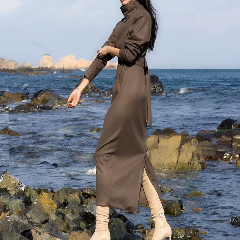 Long High Waist Stand Collar with Belt Dress