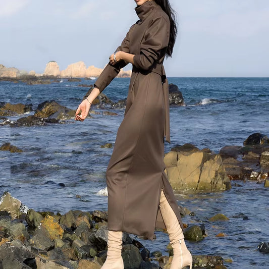 Long High Waist Stand Collar with Belt Dress