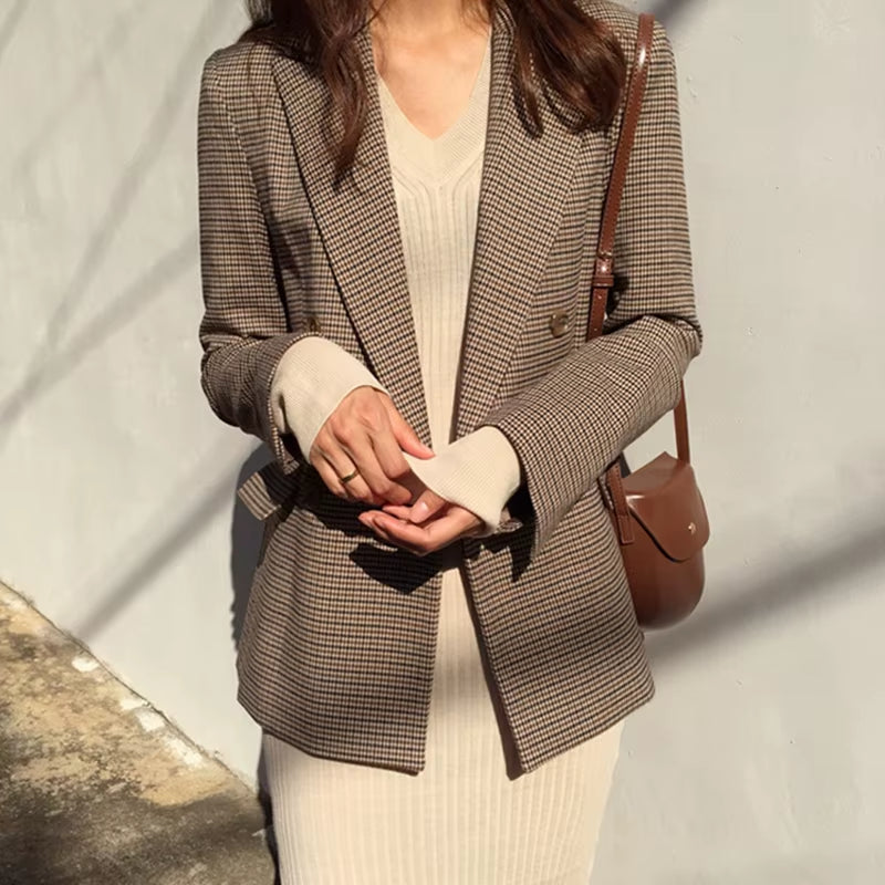 Vintage Double Breasted Office Ladies Plaid Blazer Long Loose Jacket Houndstooth Suit Coat Jacket Women Blazers Female 2021