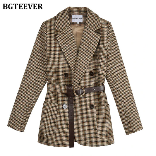 Vintage Houndstooth Winter Thick Women Jacket Blazer Sashes Plaid Female Suit Jacket with Belt Long Sleeve Blaser