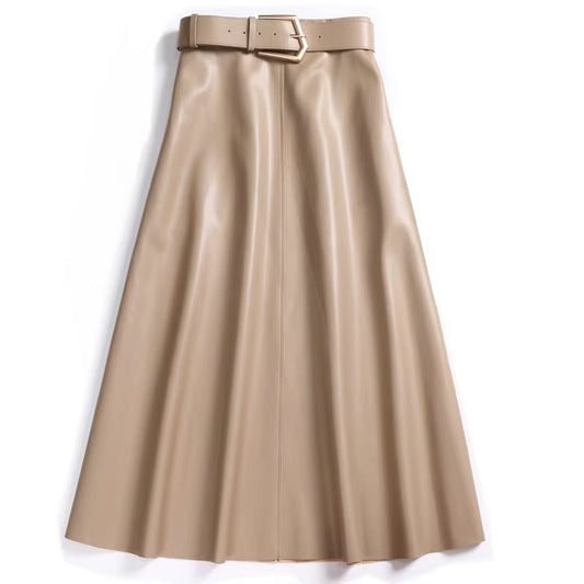 PU Leather Skirt Women Belt with Sashes Slim High Waist A-Line Elegant High Quality Causal Wild 2024 New Autumn HC004