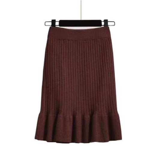 Women Skirt Knitted High Waist Pleated Lady Skirts Solid Elastic Mermaid Knitting Ribbed Autumn Winter Female Bottoms Two Types