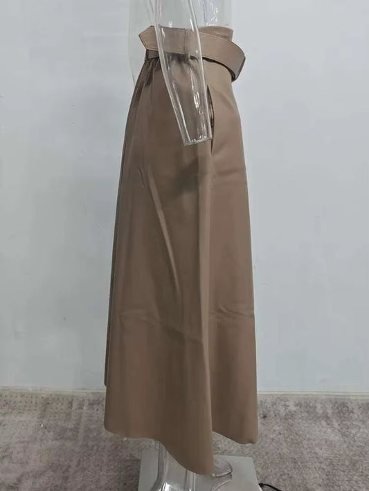 PU Leather Skirt Women Belt with Sashes Slim High Waist A-Line Elegant High Quality Causal Wild 2024 New Autumn HC004