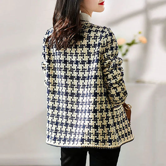 Elegant Weave Plaid Women Blazer with Pocket and Lining Autumn Winter Causal Tweed Coat Office Ladies Suit Jacket