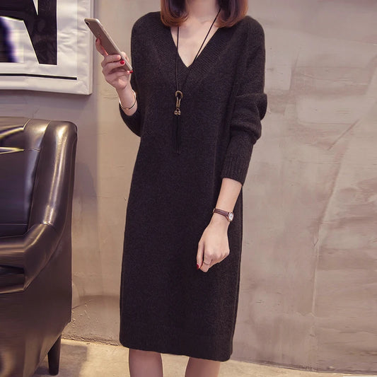  Loose V-Neck Long Sleeve Knit Pullover Dress