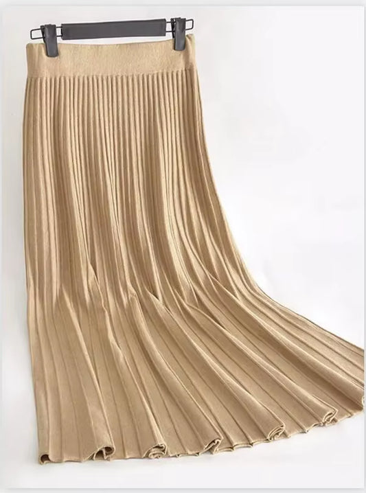 Women'S Autumn Draped Rib Pleated Long Knitted Skirt Elegant Winter Wool Blend A-Line Long Knit Skirt Elastic Waist