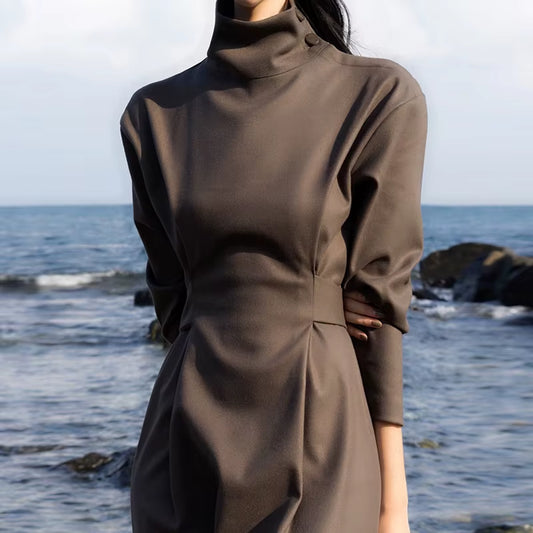 Long High Waist Stand Collar with Belt Dress