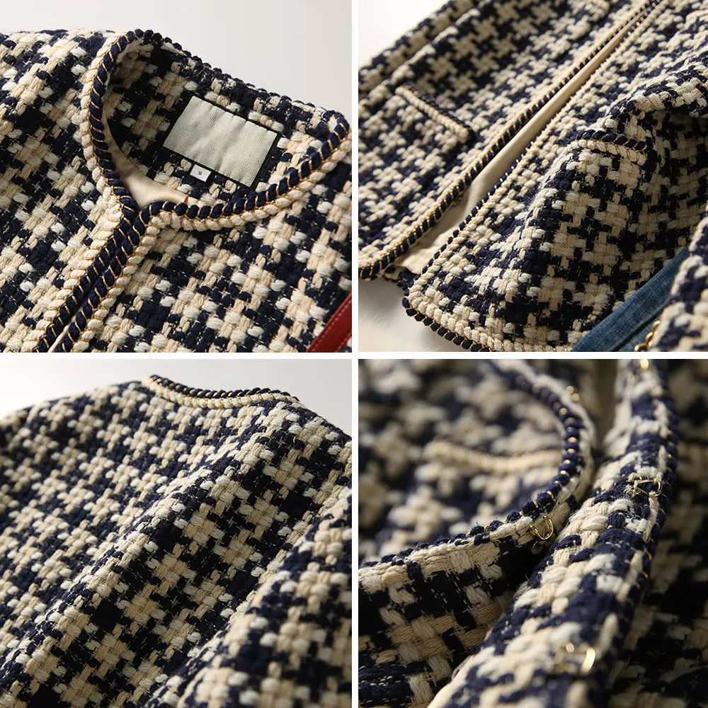 Elegant Weave Plaid Women Blazer with Pocket and Lining Autumn Winter Causal Tweed Coat Office Ladies Suit Jacket