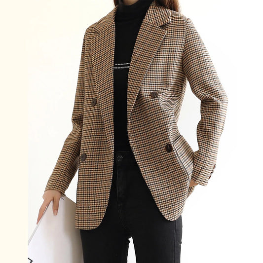 Vintage Houndstooth Winter Thick Women Jacket Blazer Sashes Plaid Female Suit Jacket with Belt Long Sleeve Blaser