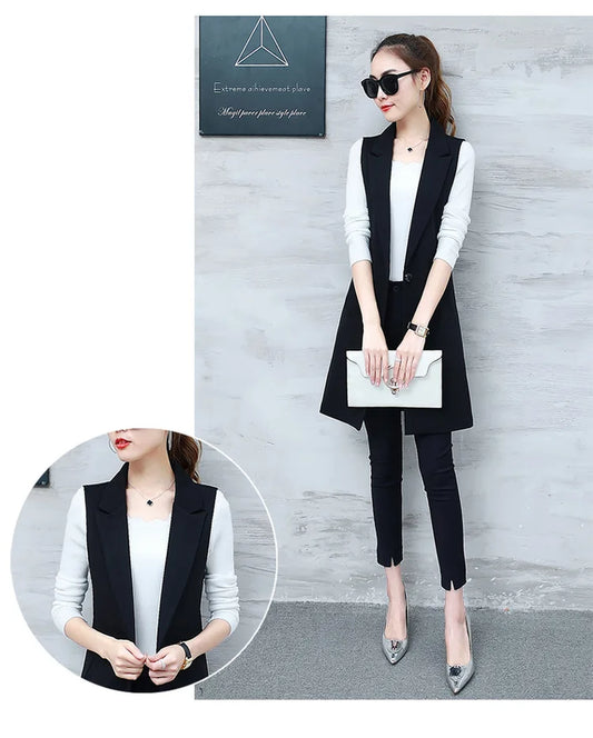 Classic Long Vest Women Elegant Suit Vest Spring Autumn Sleeveless Jackets Outerwear Office Lady Slim Waistcoat 2022