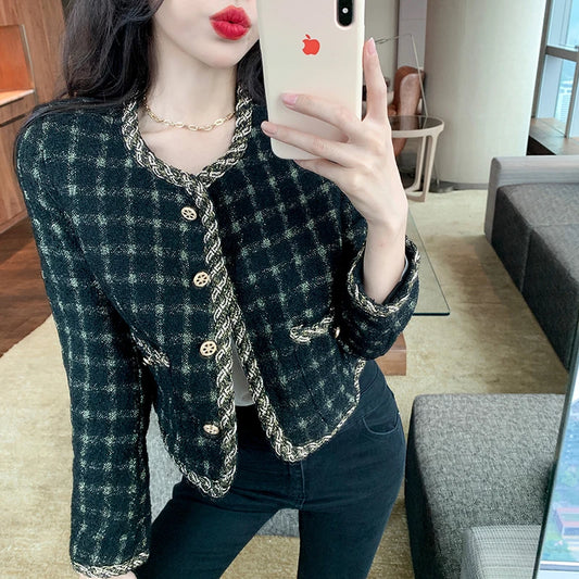Korea New Arrive Temperament Retro Grid Short Woolen Jacket Women Autumn Spring Single Breasted Chic Tweed Coat