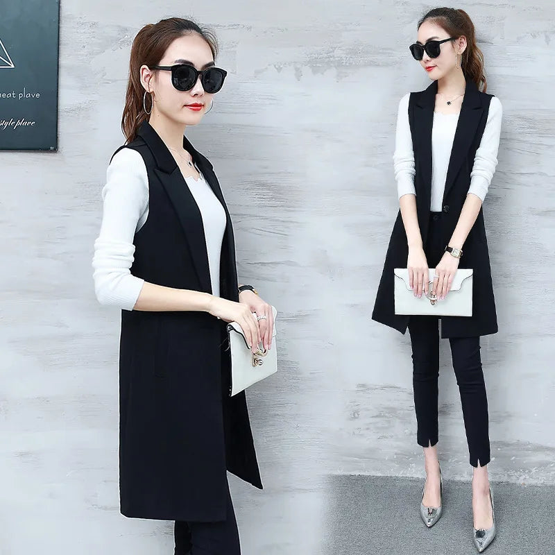 Classic Long Vest Women Elegant Suit Vest Spring Autumn Sleeveless Jackets Outerwear Office Lady Slim Waistcoat 2022