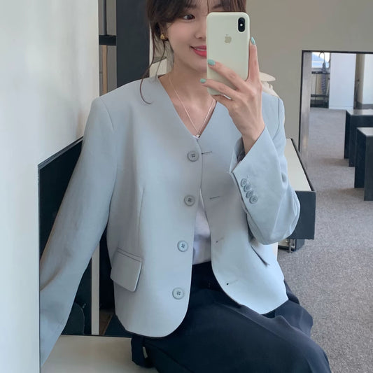 2021 Korea Women Autumn Cotton Blazers Brief Jackets Coat Single Breasted Blazer Feminina Chaqueta Mujer Outer Wear Veste Femme