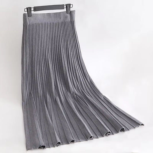 Women'S Autumn Draped Rib Pleated Long Knitted Skirt Elegant Winter Wool Blend A-Line Long Knit Skirt Elastic Waist