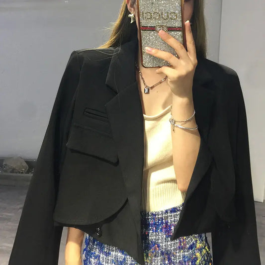 Elegant Chic Crop Suit Jacket for Women Long Sleeve Solid Color Short Blazer Outwear Ladies Korean Single Button Suit Top