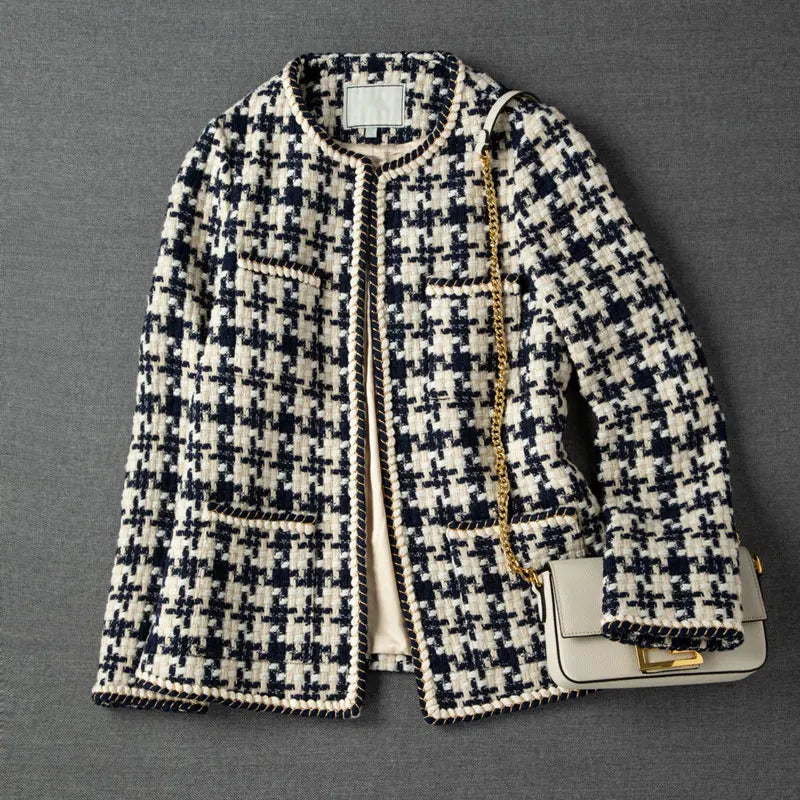 Elegant Weave Plaid Women Blazer with Pocket and Lining Autumn Winter Causal Tweed Coat Office Ladies Suit Jacket