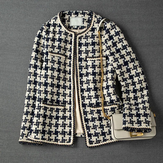Elegant Weave Plaid Women Blazer with Pocket and Lining Autumn Winter Causal Tweed Coat Office Ladies Suit Jacket