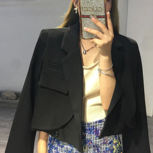 Elegant Chic Crop Suit Jacket for Women Long Sleeve Solid Color Short Blazer Outwear Ladies Korean Single Button Suit Top