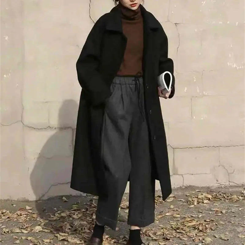 Long Turn-Down Collar Wool Coat 