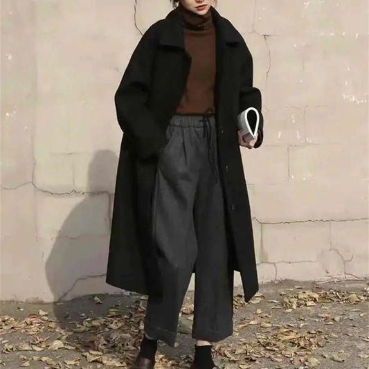 Long Turn-Down Collar Wool Coat 