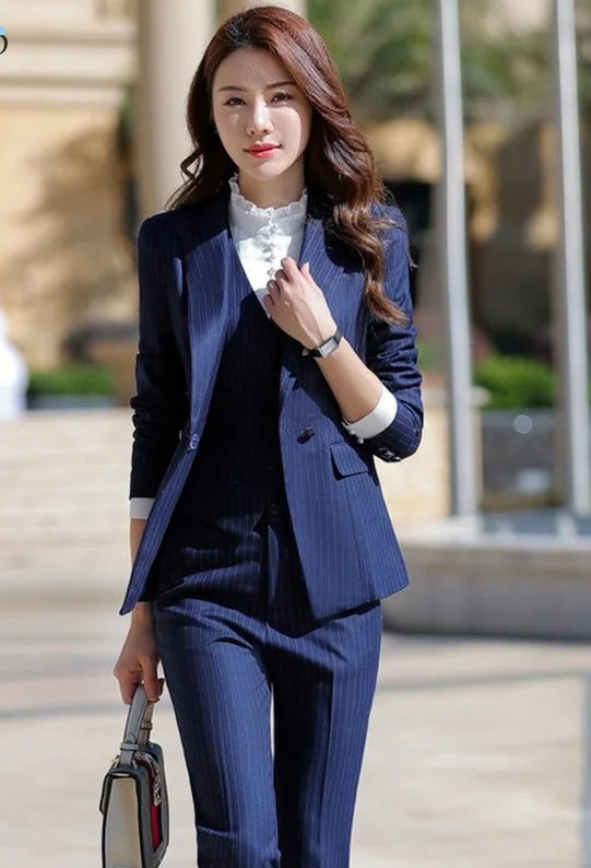 Elegant 3 Pieces Set Women Striped Formal Pant Suits for Office Lady Business Work Uniform Jacket Waistcoat Trousers Clothes