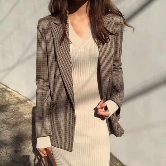 Vintage Double Breasted Office Ladies Plaid Blazer Long Loose Jacket Houndstooth Suit Coat Jacket Women Blazers Female 2021