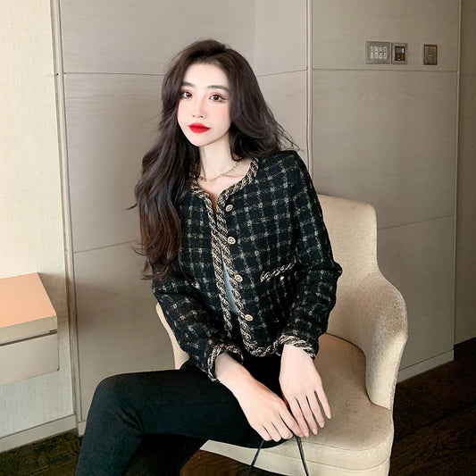 Korea New Arrive Temperament Retro Grid Short Woolen Jacket Women Autumn Spring Single Breasted Chic Tweed Coat