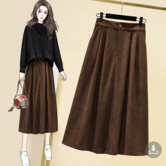 Women'S Corduroy Midi Skirt Loose Oversized A-Line Elastic Waist Thick Autumn Winter Lady Skirt Fashionable Female Clothing