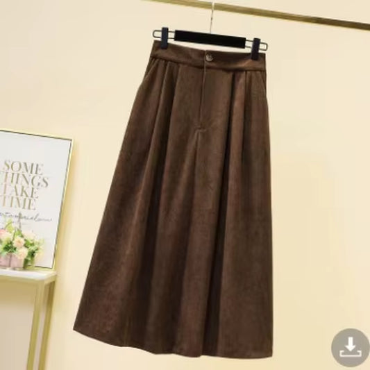 Women'S Corduroy Midi Skirt Loose Oversized A-Line Elastic Waist Thick Autumn Winter Lady Skirt Fashionable Female Clothing