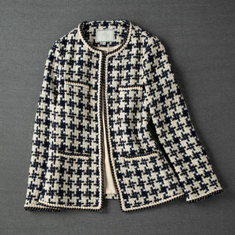 Elegant Weave Plaid Women Blazer with Pocket and Lining Autumn Winter Causal Tweed Coat Office Ladies Suit Jacket