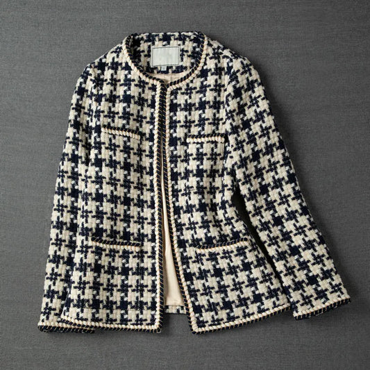 Elegant Weave Plaid Women Blazer with Pocket and Lining Autumn Winter Causal Tweed Coat Office Ladies Suit Jacket