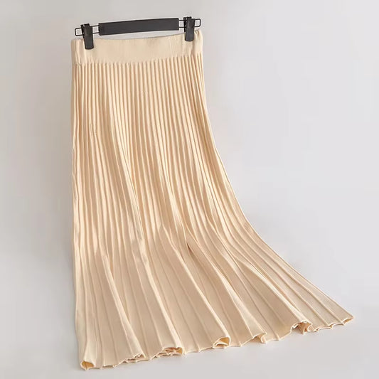 Women'S Autumn Draped Rib Pleated Long Knitted Skirt Elegant Winter Wool Blend A-Line Long Knit Skirt Elastic Waist