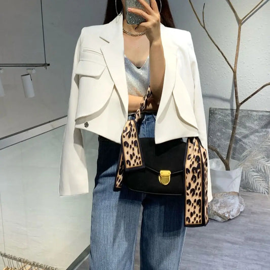 Elegant Chic Crop Suit Jacket for Women Long Sleeve Solid Color Short Blazer Outwear Ladies Korean Single Button Suit Top