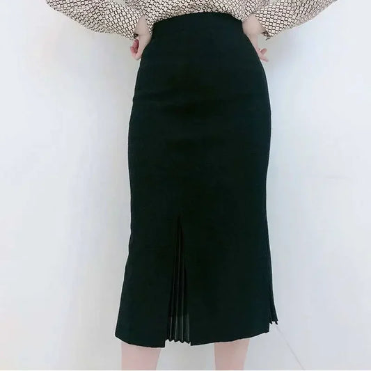Mid-Length Woolen Split Pleated Skirt 