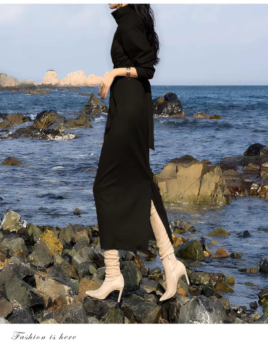Long High Waist Stand Collar with Belt Dress