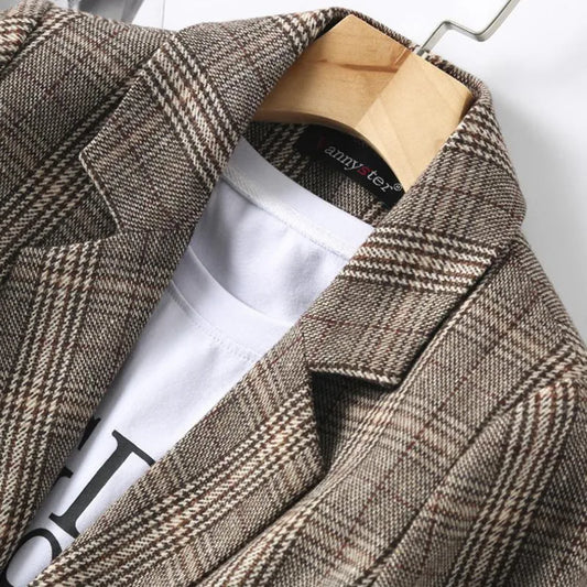 Vintage Single Breasted Office Ladies Plaid Blazer Long Sleeve Loose Plaid Coat Jacket Women Blazers Female 2022