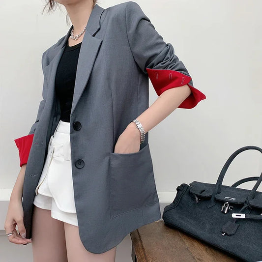 Office Ladies Plaid Blazer Korean Niche Stylish Grey Slim Contrast Color Blazers 2024 New Female Jacket Mujer