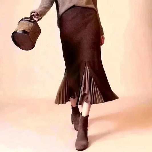 Mid-Length Woolen Split Pleated Skirt 