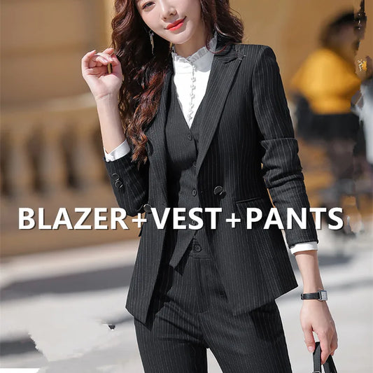 Elegant 3 Pieces Set Women Striped Formal Pant Suits for Office Lady Business Work Uniform Jacket Waistcoat Trousers Clothes