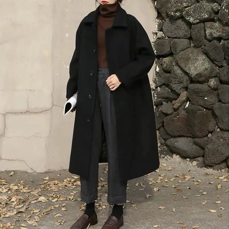 Long Turn-Down Collar Wool Coat 