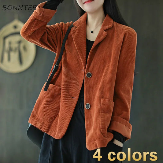 Blazers Women Corduroy Daily Popular Oversized Notched Vintage Pure Harajuku Simple Stylish Autumn All-Match Retro Ins College