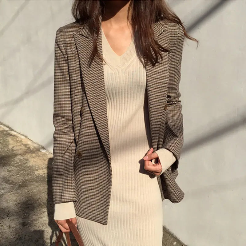 Vintage Double Breasted Office Ladies Plaid Blazer Long Loose Jacket Houndstooth Suit Coat Jacket Women Blazers Female 2021