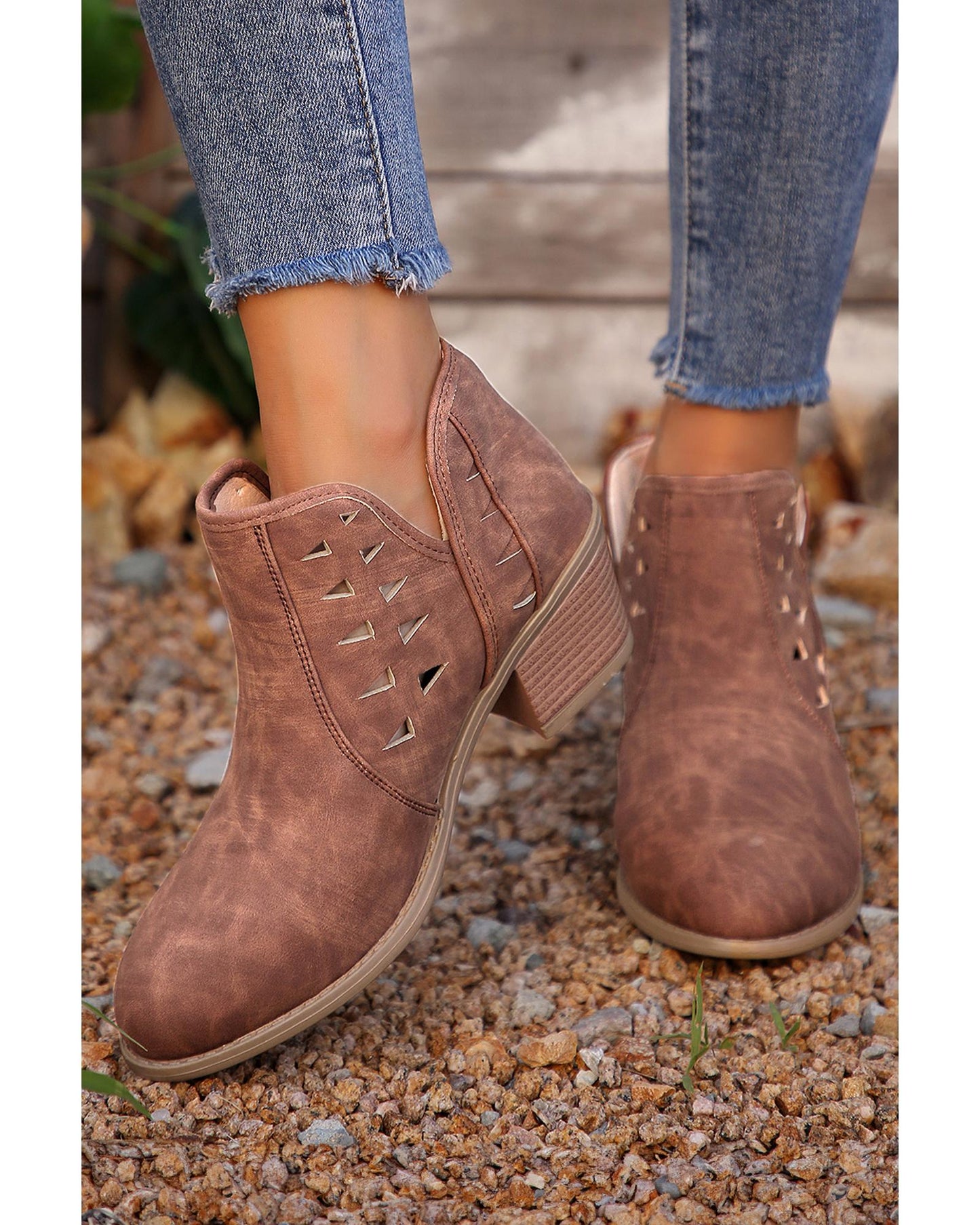 Cut Out Suede Pointed Toe Heeled Ankle Boots