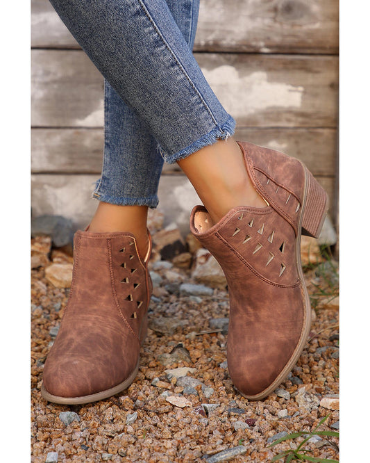 Cut Out Suede Pointed Toe Heeled Ankle Boots