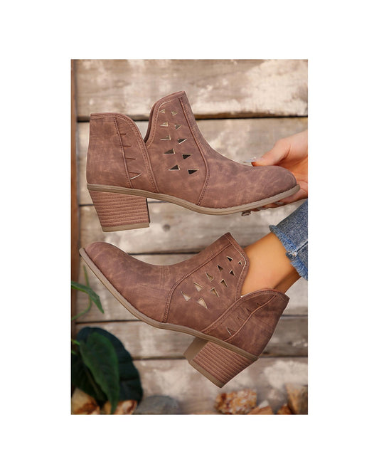Cut Out Suede Pointed Toe Heeled Ankle Boots