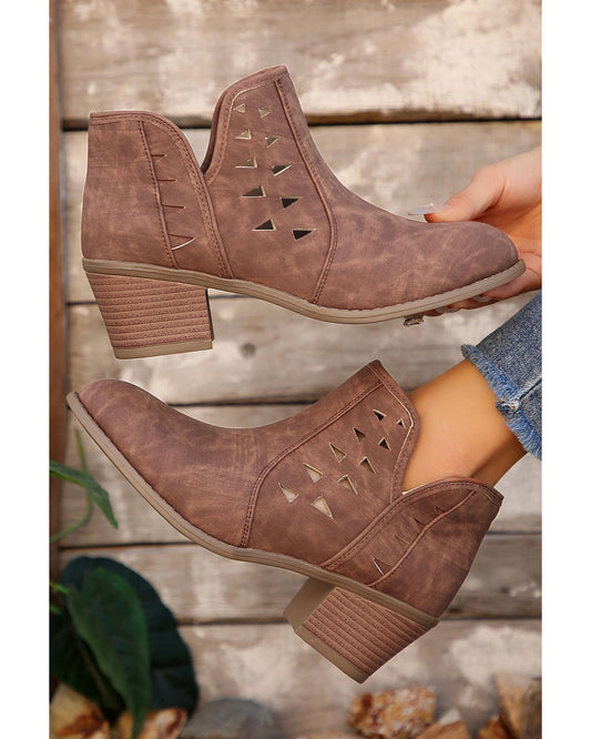 Cut Out Suede Pointed Toe Heeled Ankle Boots