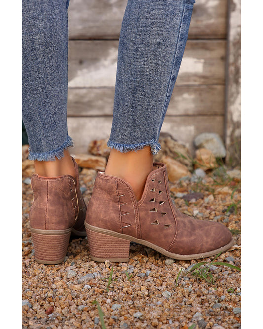 Cut Out Suede Pointed Toe Heeled Ankle Boots