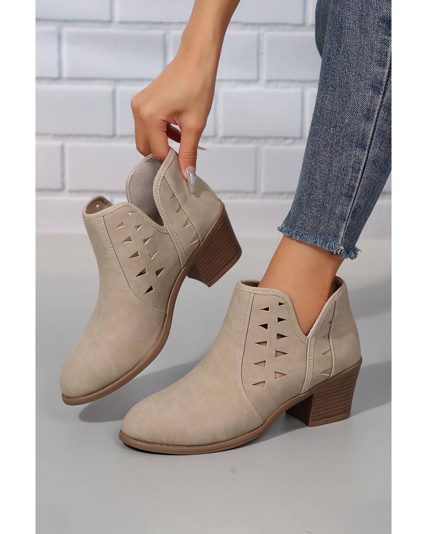 Cut Out Suede Pointed Toe Heeled Ankle Boots